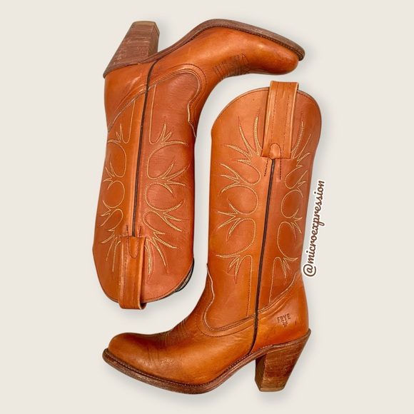 Frye Shoes - 1980 VINTAGE Frye Leather Cognac Tree Art Embroidered Cowboy Heeled Western Boot